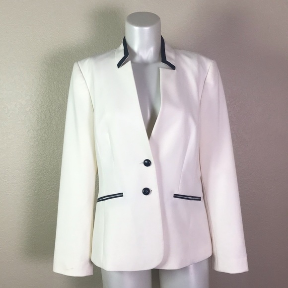 TAHARI WHITE BLAZER BLACK TRIM UPTURNED COLLAR - Picture 1 of 6